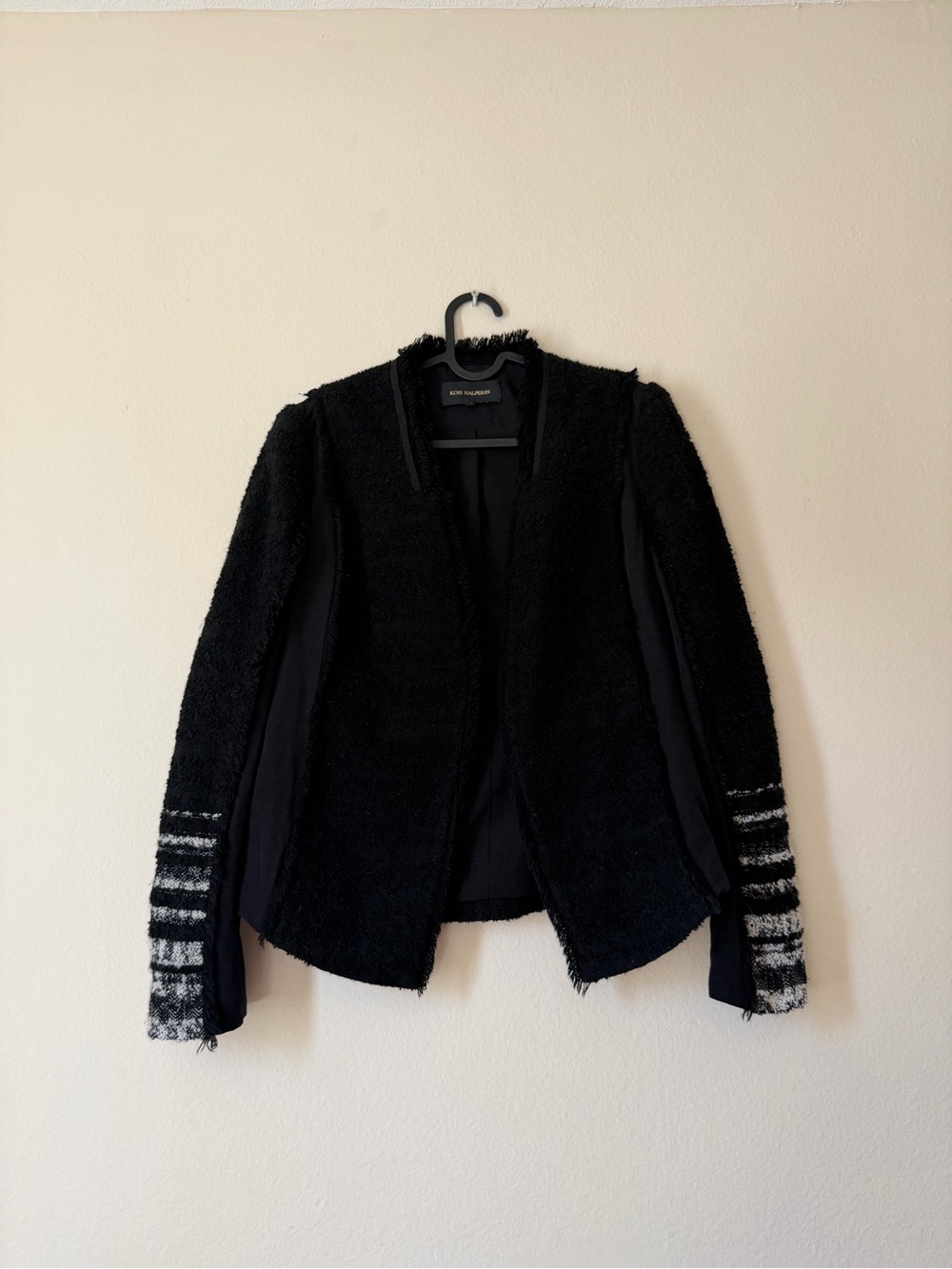 Kobi Halperin Colby Black Tweed Fringe Stripe Cuff Jacket XS